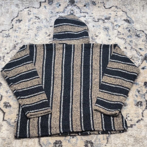 Frank’s Baja Hoodie M Black Tan Striped Mexican Drug Rug Poncho 100% Acrylic - Picture 5 of 5